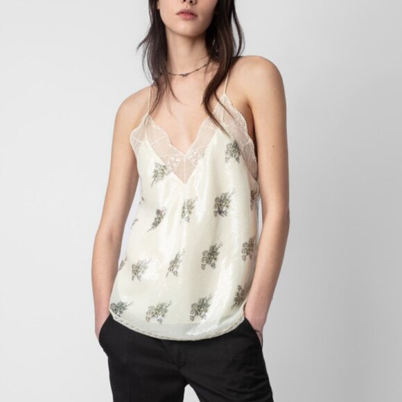 Zadig Voltaire Christy Floral Sequined Camisole Cream Lace Lingerie Tank Top - Picture 1 of 9